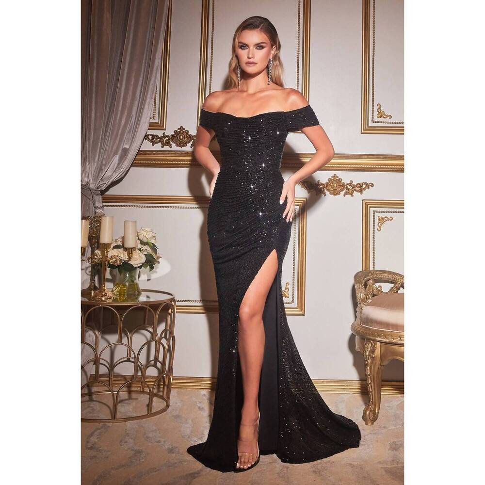 NEW LADIVINE long off shoulder sequin dress in black